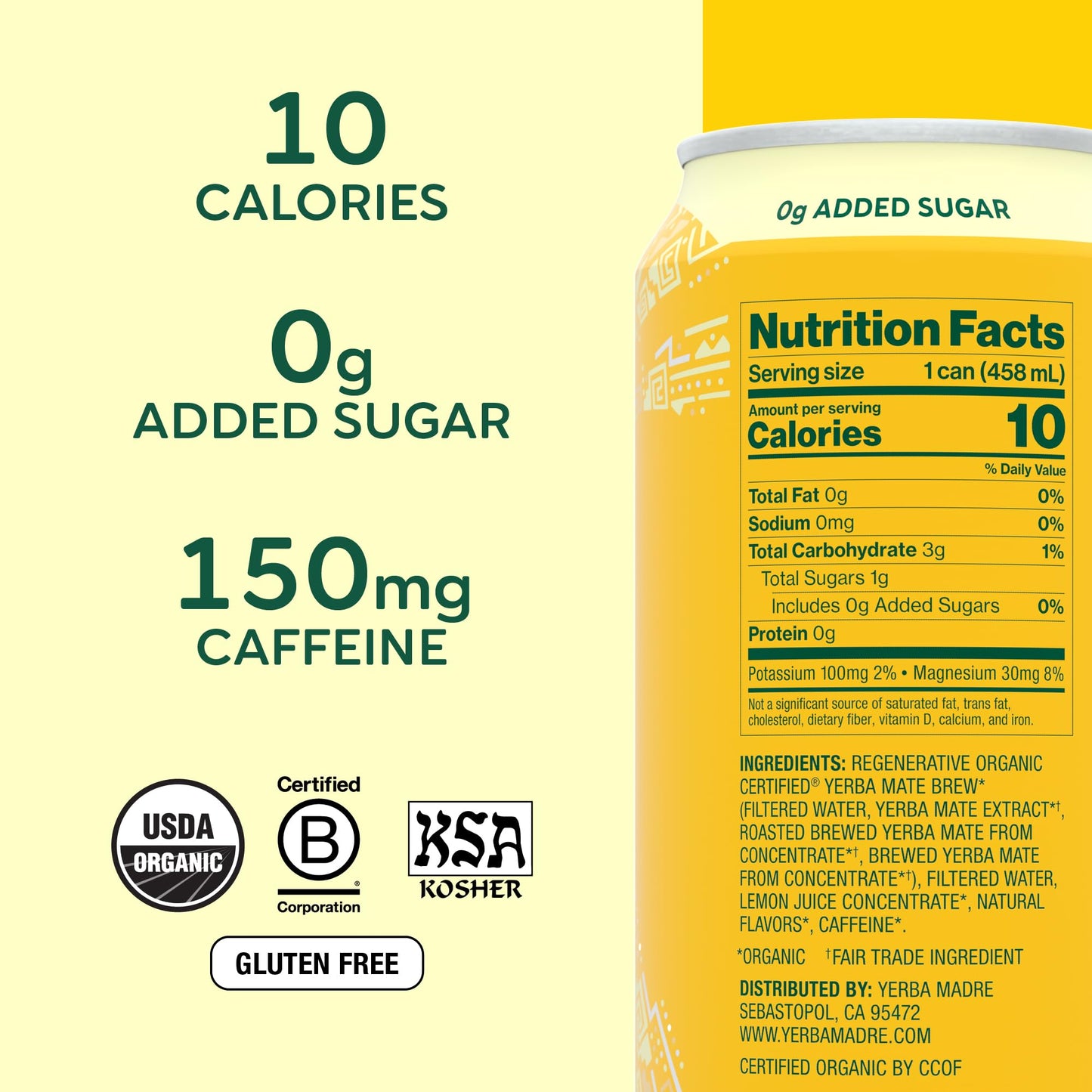 Yerba Madre Organic Yerba Mate, Energy Drink Alternative, Unsweetened Original Yerba, 150mg Plant Based Caffeine, Smooth Energy & Focus, No Jitters or Crash, 15.5oz Cans (Pack of 12)
