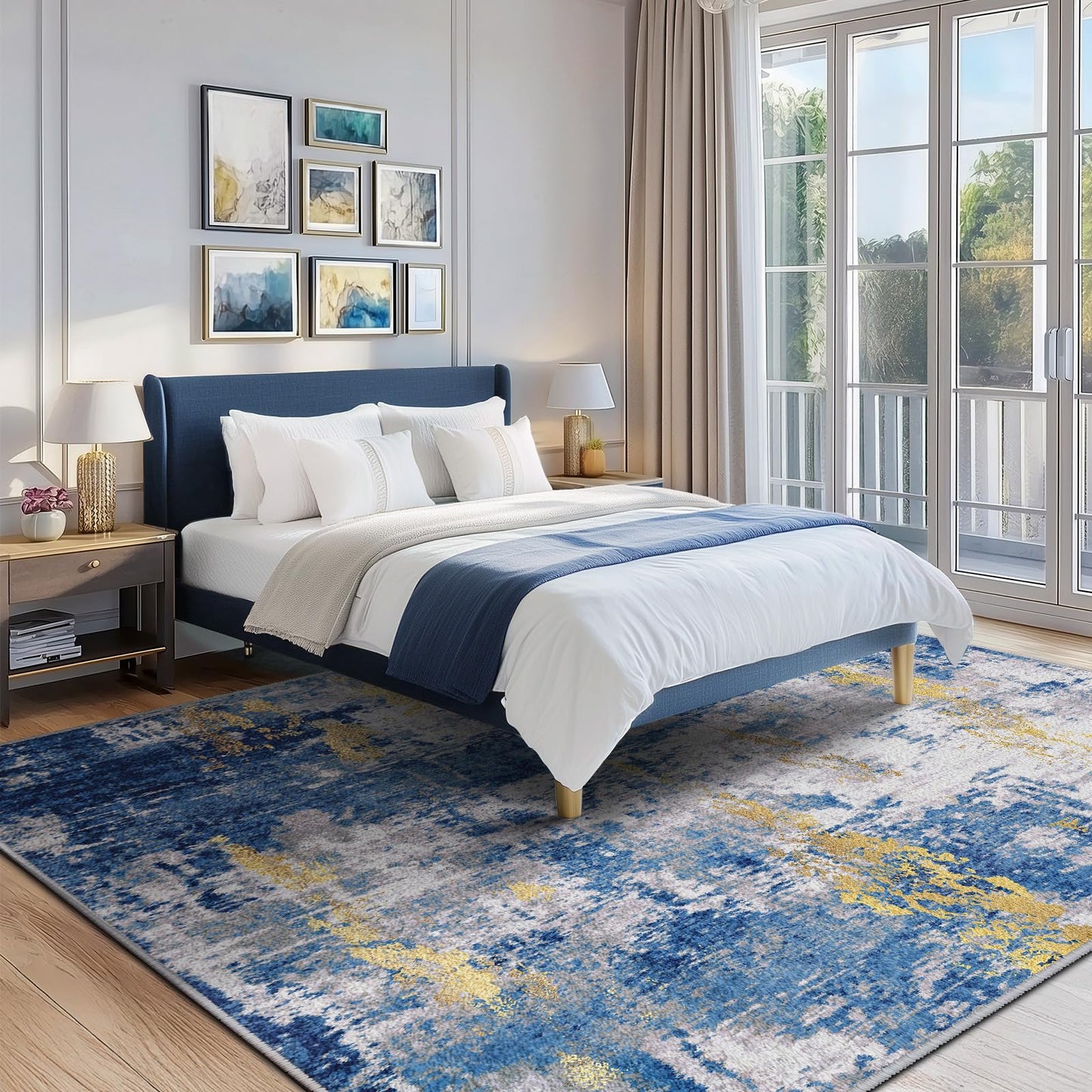 RELEANY Washable Area Rugs 5'x7' Non-Slip Modern Abstract Soft for Living Room Entryway Bedroom Nursery, Print Pattern, Grey Blue Gold/Golden