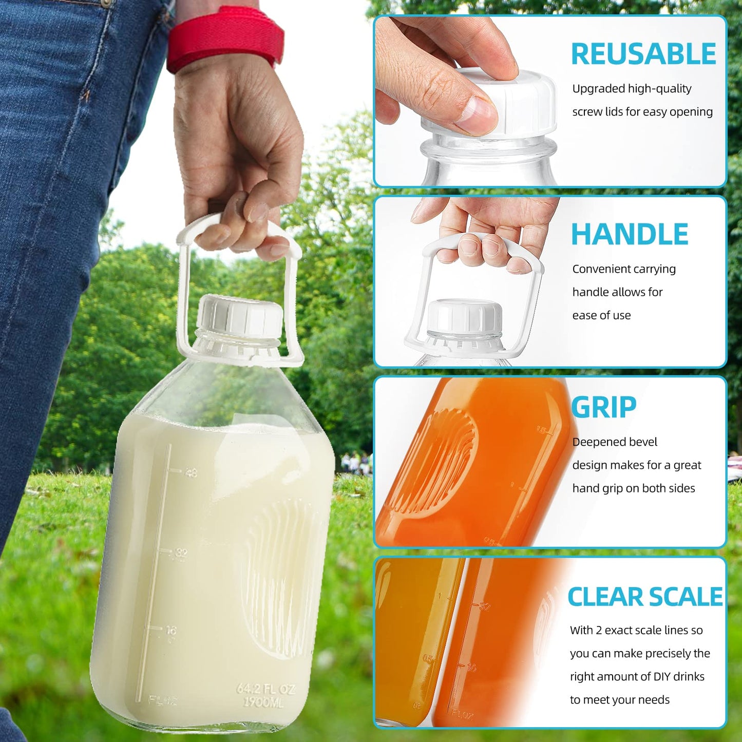 1/2 Gal Glass Milk Bottle with Airtight Screw Lid - Glass Pitchers with 8 Handle and 8 Lids, 64 Oz Heavy Duty Glass Milk Jug Pitcher with 2 Exact Scale Lines for Juicing Water Bottles