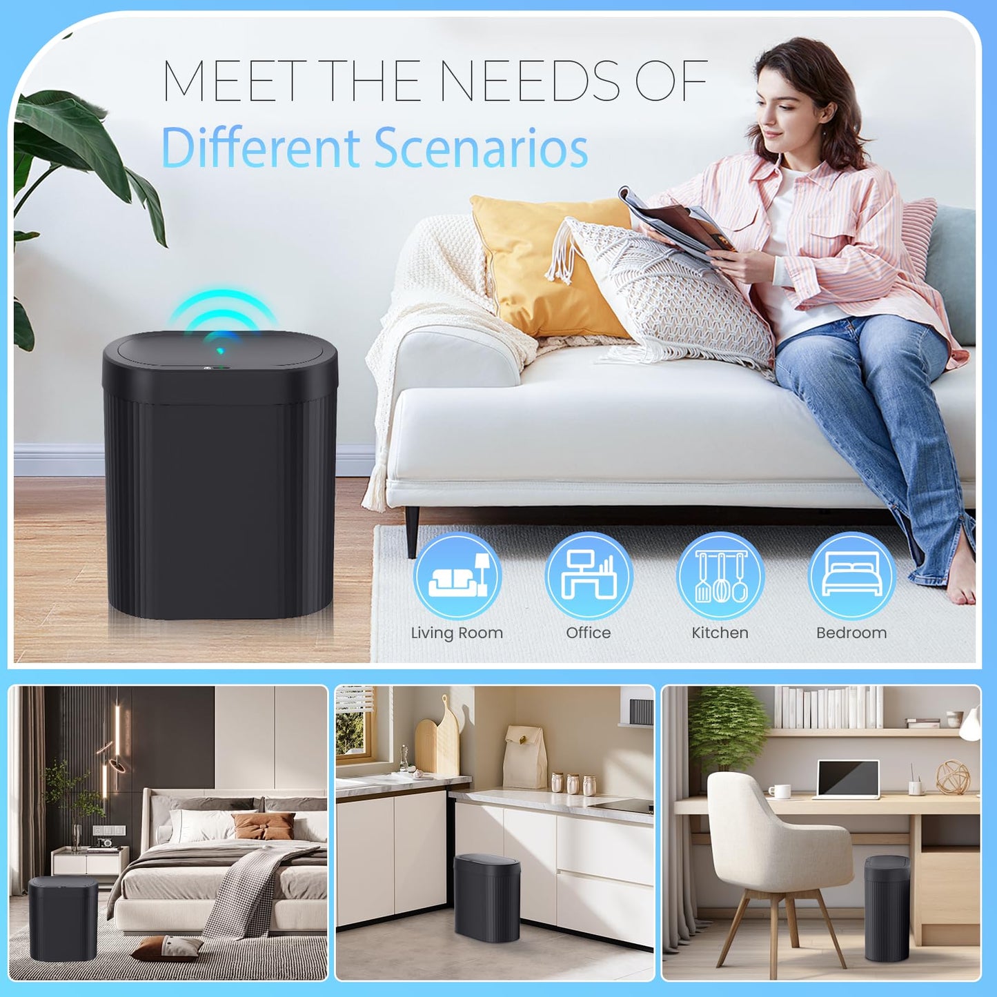 jinligogo 2 Pack 5 Gallon Bathroom Trash Can with Lid, Automatic Motion Sensor Black Trash Can, Touchless Slim Waterproof Garbage Bin for Kitchen, Bedroom, Office, and Bathroom