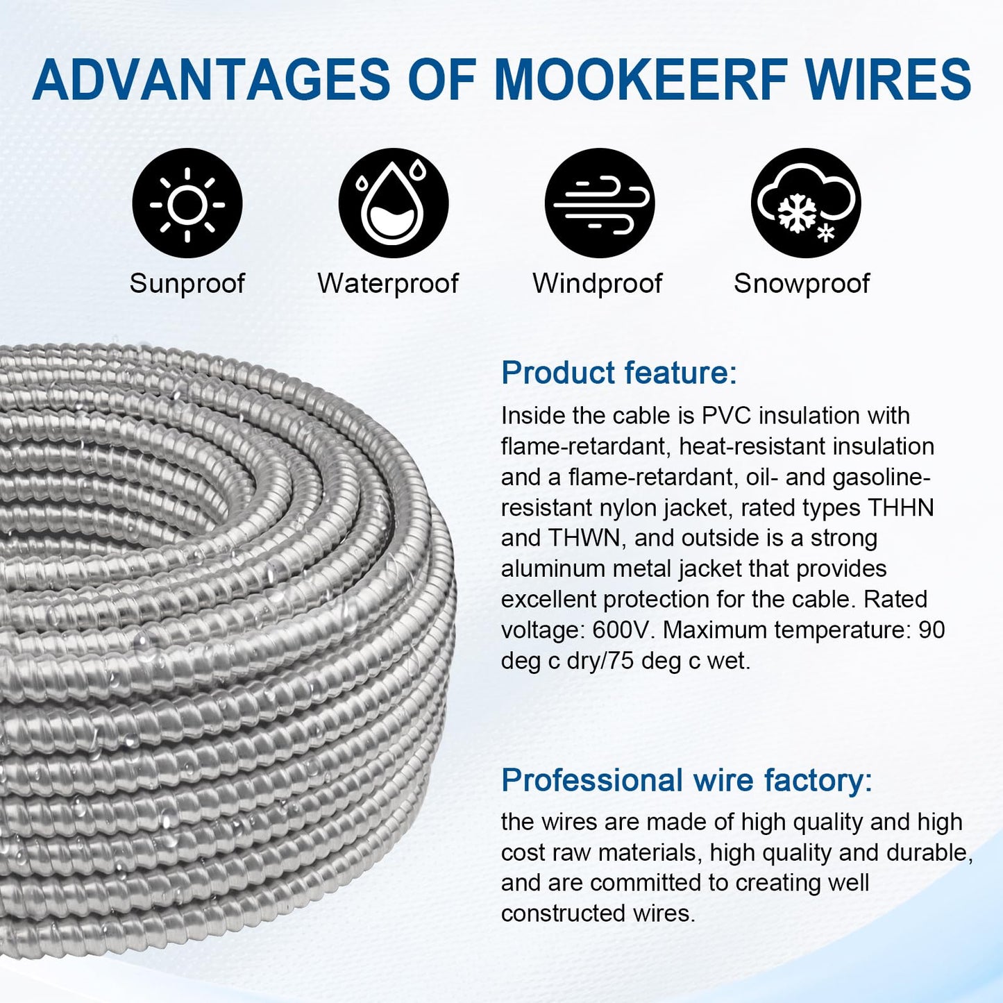 6/2 MC Cable with Ground - 25FT Pure Copper 6AWG/2 Metal Clad Wire with Aluminum Armor 6 Gauge 2 Conductor Type MC Alum Cable