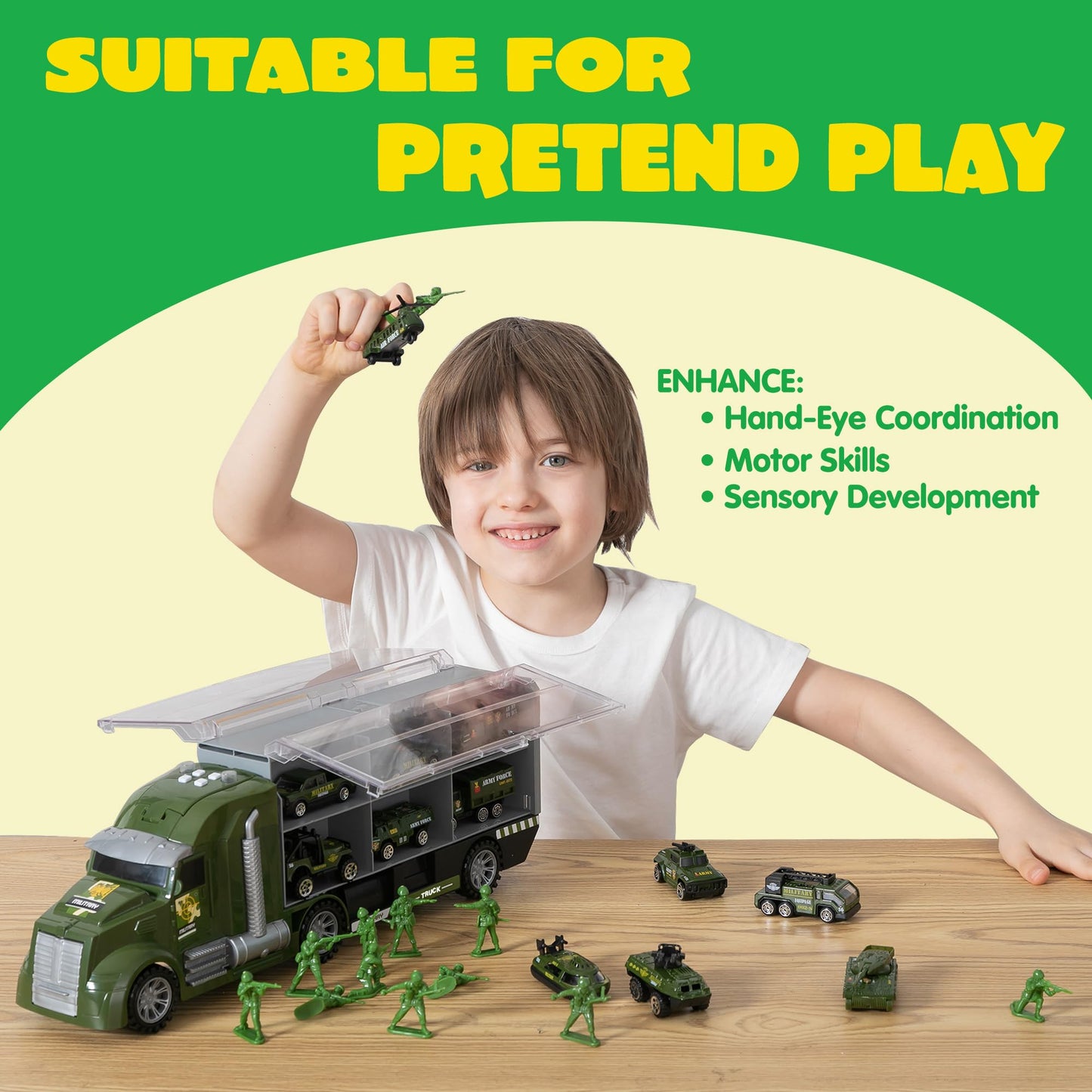 JOYIN 25 in 1 Military Kids Truck Toys for Age 3+, Toddler Boy Toys, Army Men Tanks Set with Soldier Men, Mini Battle Cars in Carrier Truck with Lights and Sounds, Gifts for Grandkids, Easter Basket