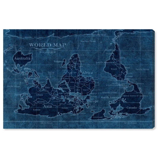 Wynwood Studio Flags Wall Art Canvas Prints 'Upside-Down Map of The World' Home Décor, 36" x 24", Blue, Blue