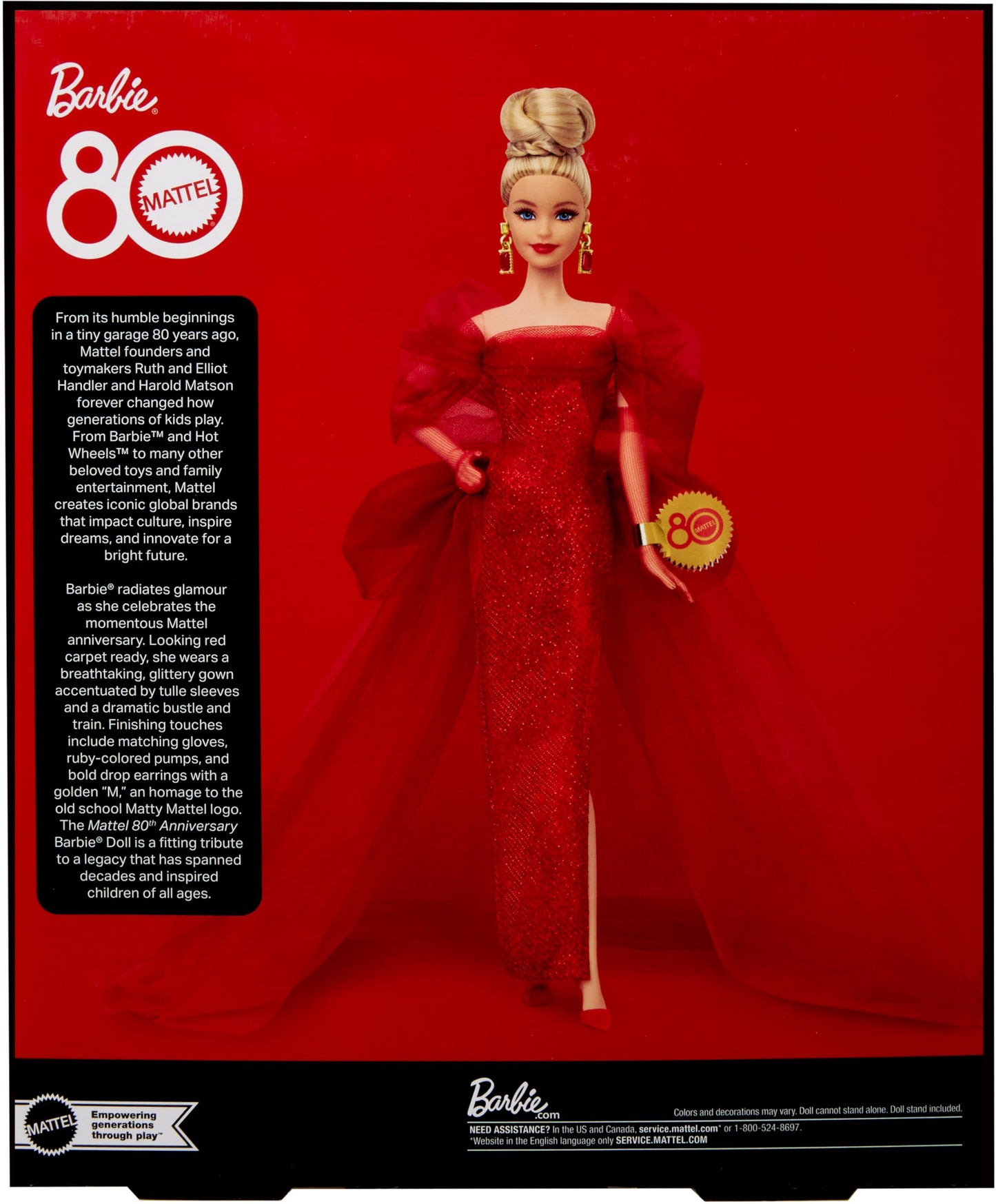Barbie Signature Doll, Mattel 80th Anniversary Collectible in Glittery Red Tulle Gown with Drop Earrings and Sheer Gloves, Blonde Hair