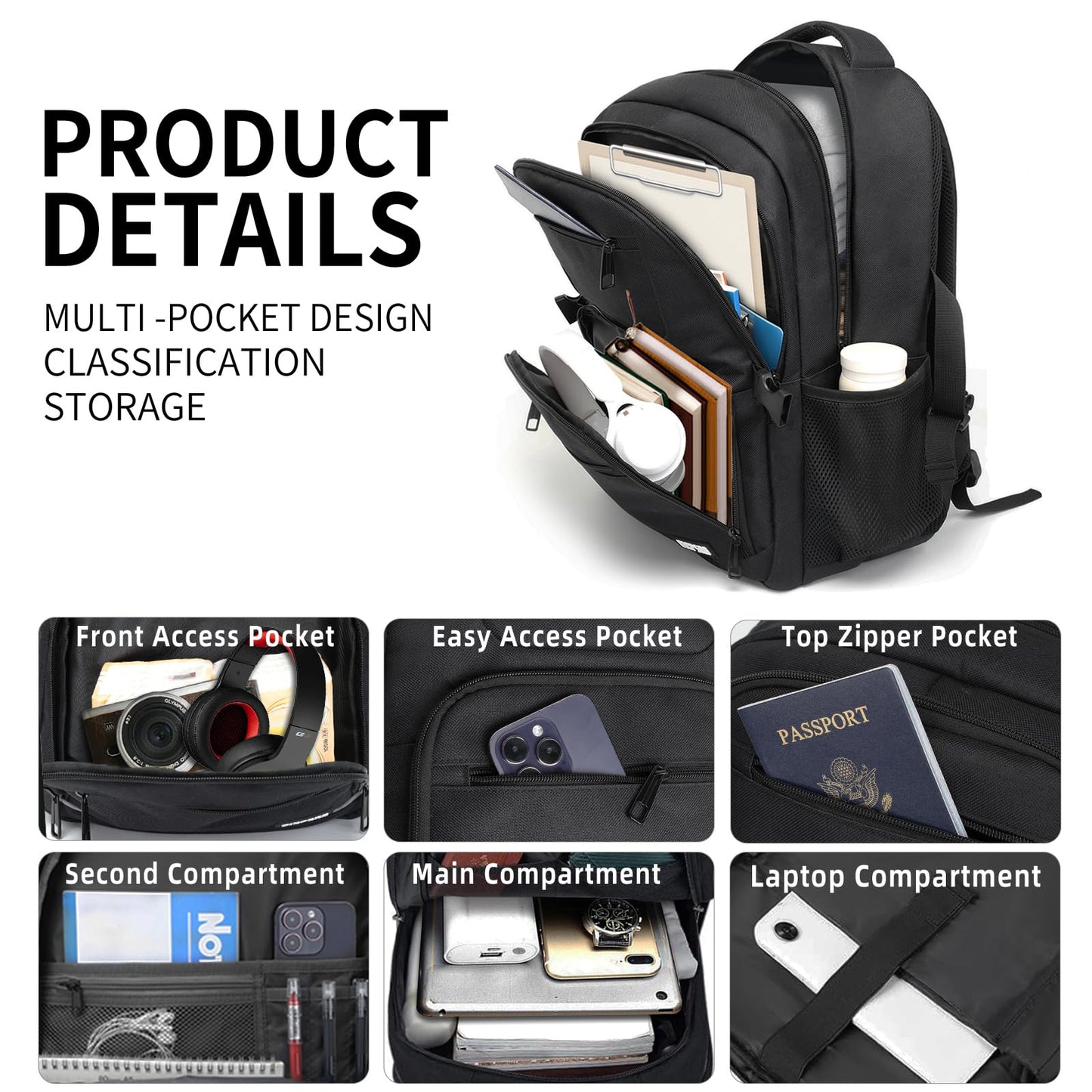 BICPSRO Backpack for Men Women, School Backpack for Boys Girls Teens, Work Business College Backpacks with Reinforced Straps, Black Student Bookbag Fits 17.3 Inch Laptop with Reinforced Straps, Gifts