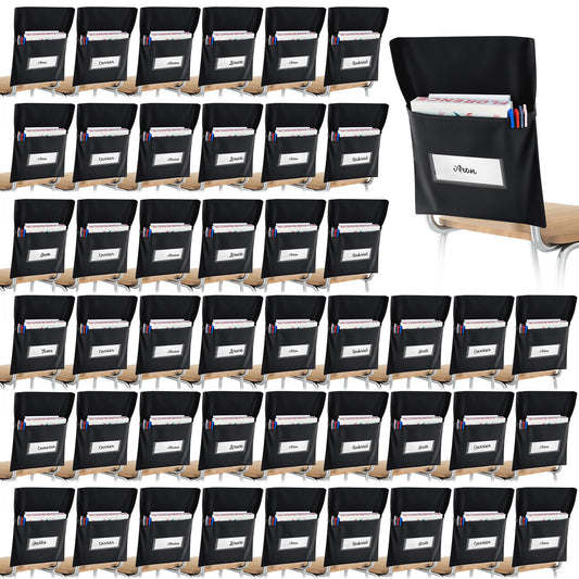 Chapou 48 Pcs Chair Pockets for Classroom 14 x 18'' Black Chairback Storage Pocket Seat Back Organizer 900d Oxford Over The Chair Chart with Name Slot for Student Back to School Classroom Office Home