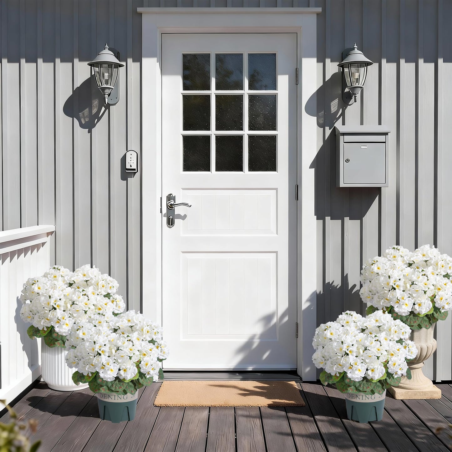 Geraniums Artificial Flowers for Outdoors, 2 Pack Potted Plants White Faux Geraniums Bush Artificial Topiaries Realistic UV Resistant Fake Flowers Plants for Planters Outside Gardens Front Door Indoor