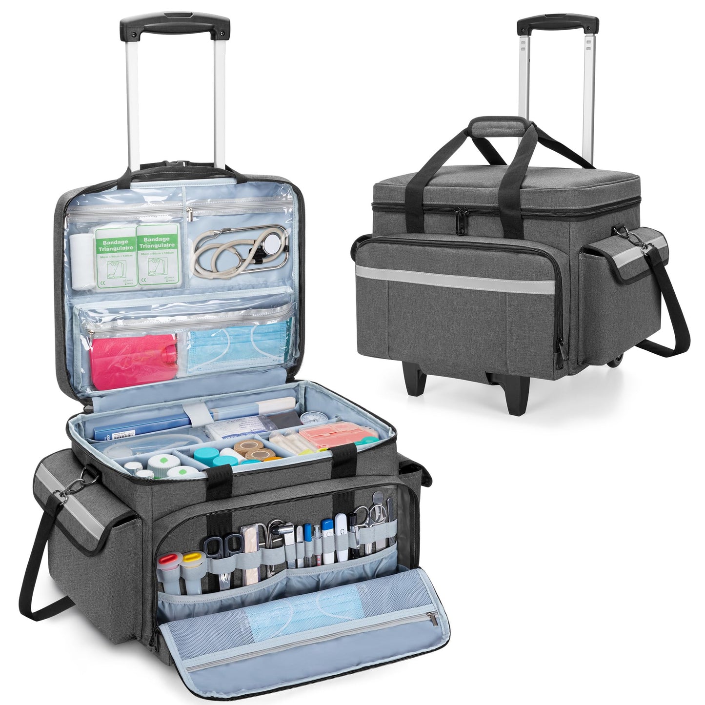 Trunab Medical Bag on Wheels with Detachable Trolley, Rolling Nurse Tote with Removable Dividers, First Responder Bag Empty with Adjustable Shoulder Strap for Nurse, Doctor, BAG ONLY