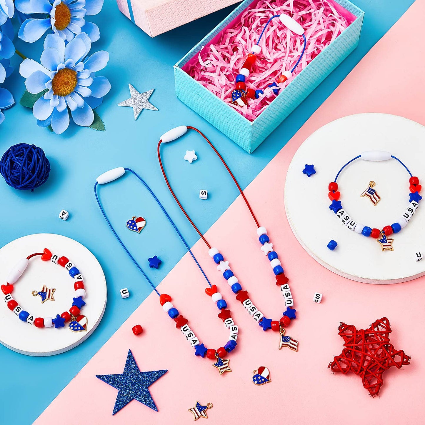 Deekin 4th of July Kids Patriotic Jewelry Craft Kits for Independence & Memorial Day, Veteran's Day - DIY Funny Home Activities (60 Set)