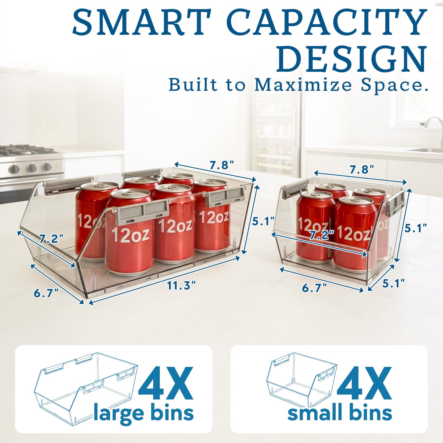 HOMESTEAD Set of 8 Stackable Storage Bins, 4 Large + 4 Small Clear Plastic Organizer Bins, Open Front Design for Kitchen Pantry, Fridge, Cabinet, Bathroom Organization and Bulk Snack Storage