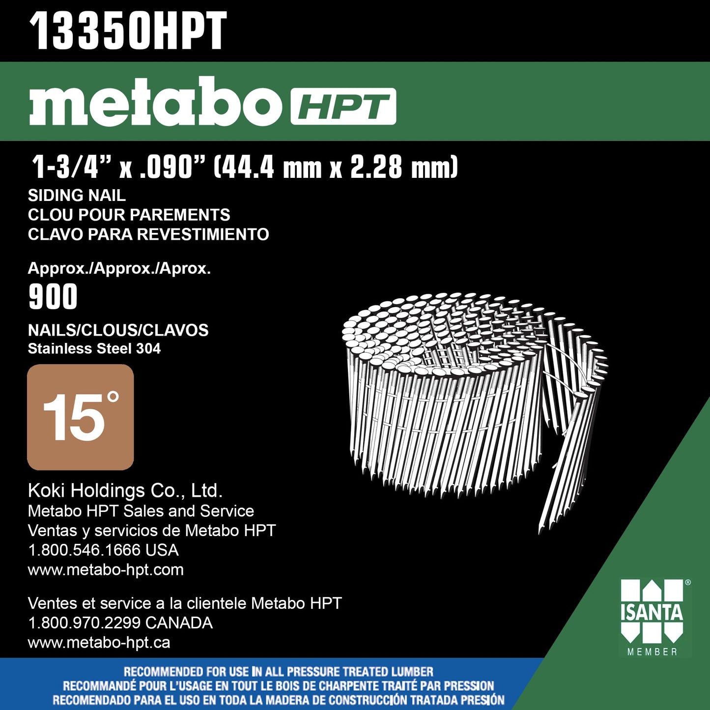 Metabo HPT Siding Nails | 1-3/4 Inch x .090 | 304 Stainless Steel | Wire Coil | Ring Shank | 900 Count | 13350HPT