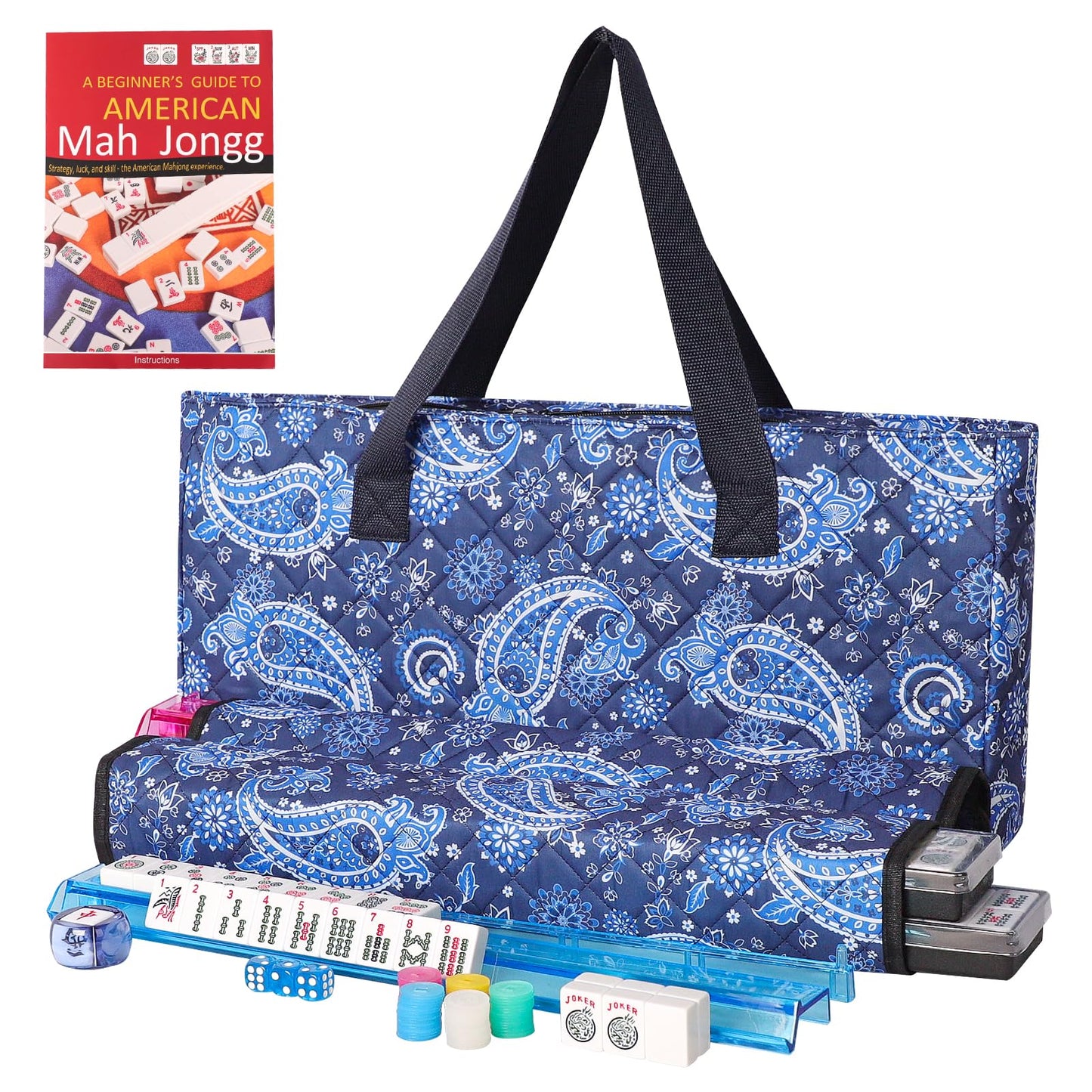 American Mahjong Game Set, 166 White Tiles, Blue Printed Bag with Entire Accessories, 4 All-in-One Rack/Pushers, Mahjong Tiles Set