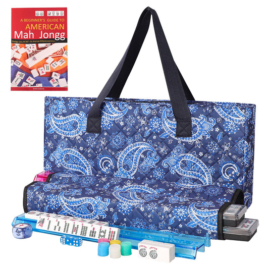 American Mahjong Game Set, 166 White Tiles, Blue Printed Bag with Entire Accessories, 4 All-in-One Rack/Pushers, Mahjong Tiles Set