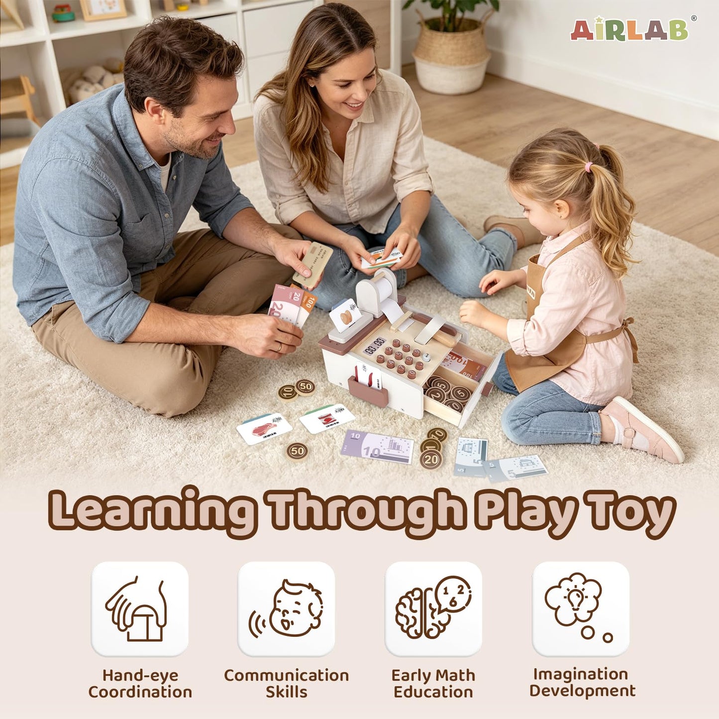 Cash Register Toy for Kids Play Money Birthday Gift for Toddler 3 4 5 Year Old Girls Boys with Scanner Pretend Play Toddler Toys Store Educational Preschool Toys with Wooden Coins Prop Money