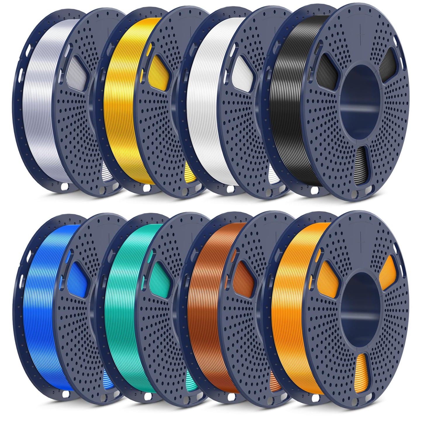 SUNLU 3D Printer Filament, 250G PLA Silk Filament Bundle, 1.75mm Smooth Silk Filament Muticolor, Neatly Wound Filament, 250G Spool, 8 Rolls, Black+White+Light Gold+Silver+Brass+Red Copper+Blue+Green