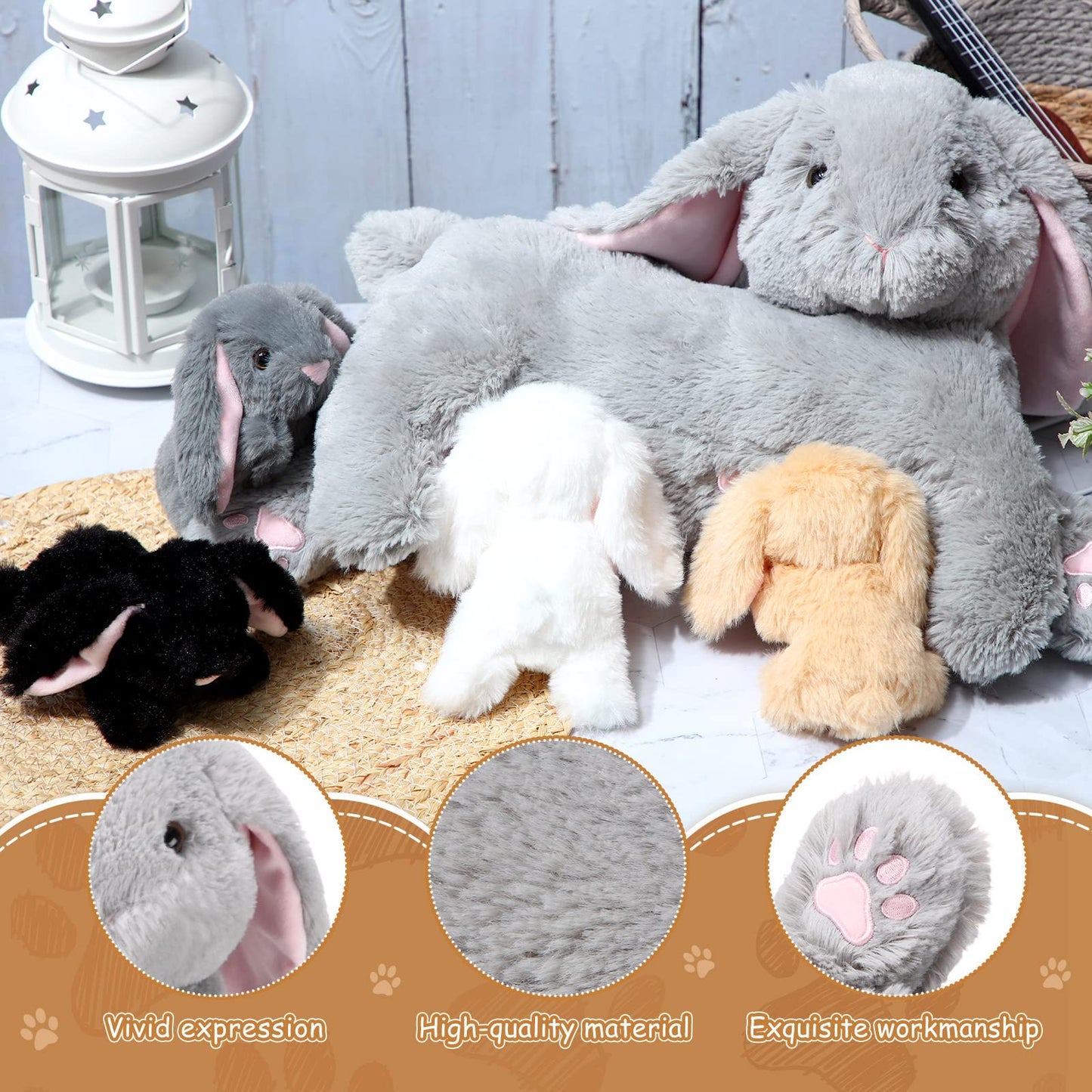 HyDren Nursing Bunny Stuffed Animal Plush Toys 15 Inch Plush Bunny Mommy with 4 Stuffed Magnetic Baby Rabbit Plushies for Kids Birthday Graduation Children's Day Gifts Baby Shower Easter Party Favors