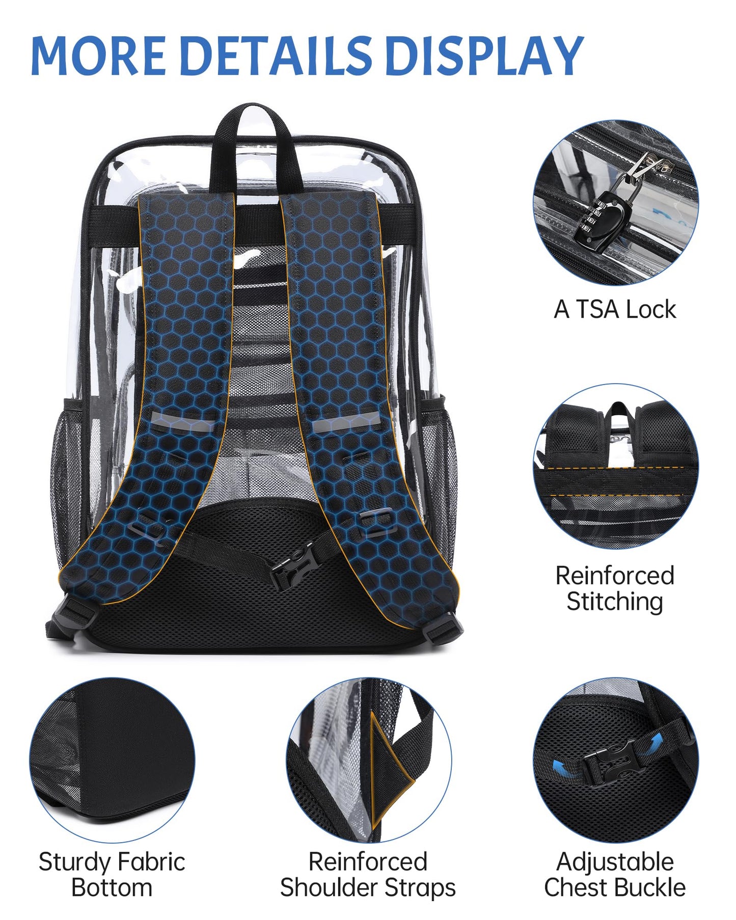 BAVERGE Clear Backpack Heavy Duty -18 Inch Extra Large Bookbag 3 Front Pockets and Lock for Stadium Events, Travel, Work, College, Black