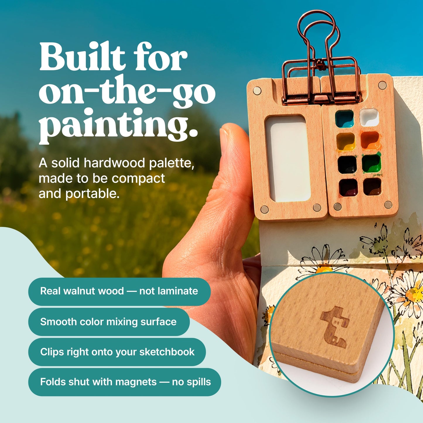 Tobios Mini Wooden Watercolor Paint Set – Compact Travel Art Kit with 12 Colors, Refillable Brush & Sketchbook – Unique Creative Gift for Birthdays, Holidays & Art Lovers