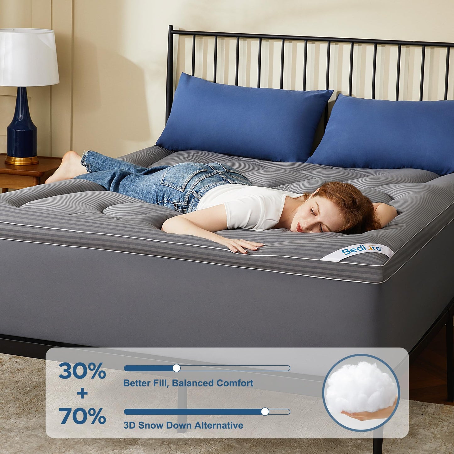 BEDLORE King Mattress Topper, Thick Pillow Top Pad for Back Pain Relief, Cooling Soft Mattress Cover with Deep Pockets 6-18 inch