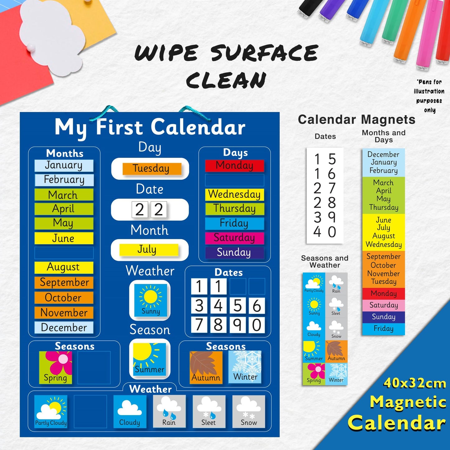 Fridge Magic Interactive Children's Magnetic Learning Calendar - Blue- Fun Educational Tool for Time, Seasons, and Weather Awareness - 40x32 cm with Easy Hang Loop