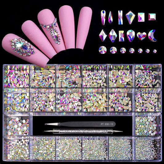 Yzzseven 12 Types of 600 Crystal AB Diamonds + 2500 Flat Rhinestones Mix 20 Styles Flatback DIY Crafts Rhinestone Crystals 3D Decorations Flat Back Stones Set +Tweezers + Drill Pen
