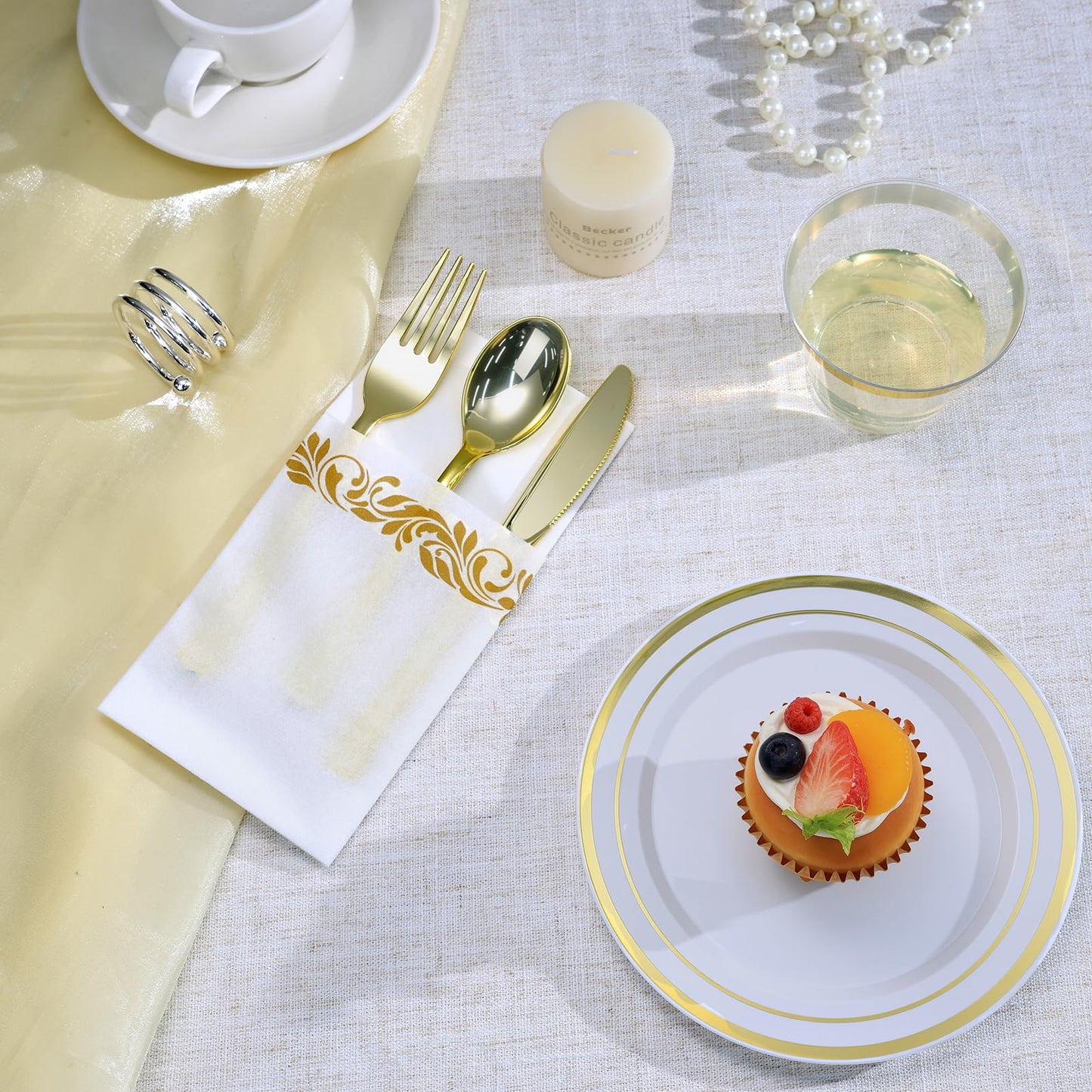 Goodluck 400 PCS Gold Plastic Silverware with Pocket Napkins for 100 Guests, Heavy Duty Disposable Cutlery Set & Linen Feel Napkins, Plastic Flatware with Guest Towels for Wedding, Party and Catering