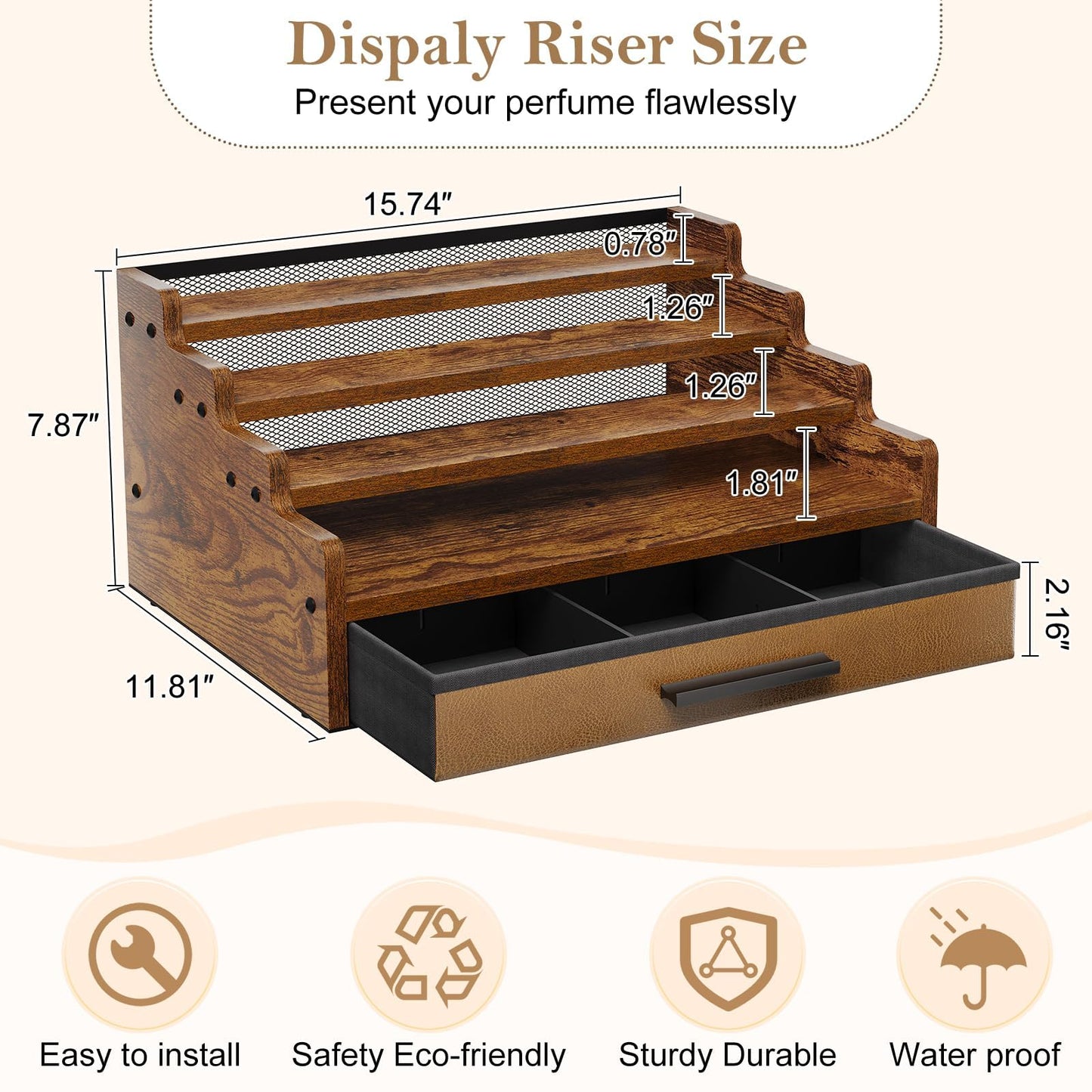 4 Tier Cologne Organizer for Men, Wooden Perfume Organizer with Drawer Storage, Perfume Display Shelf for Cologne, Watch, Grooming and Figures, Perfect Birthday/Easter Gift for Lovers & Fathers