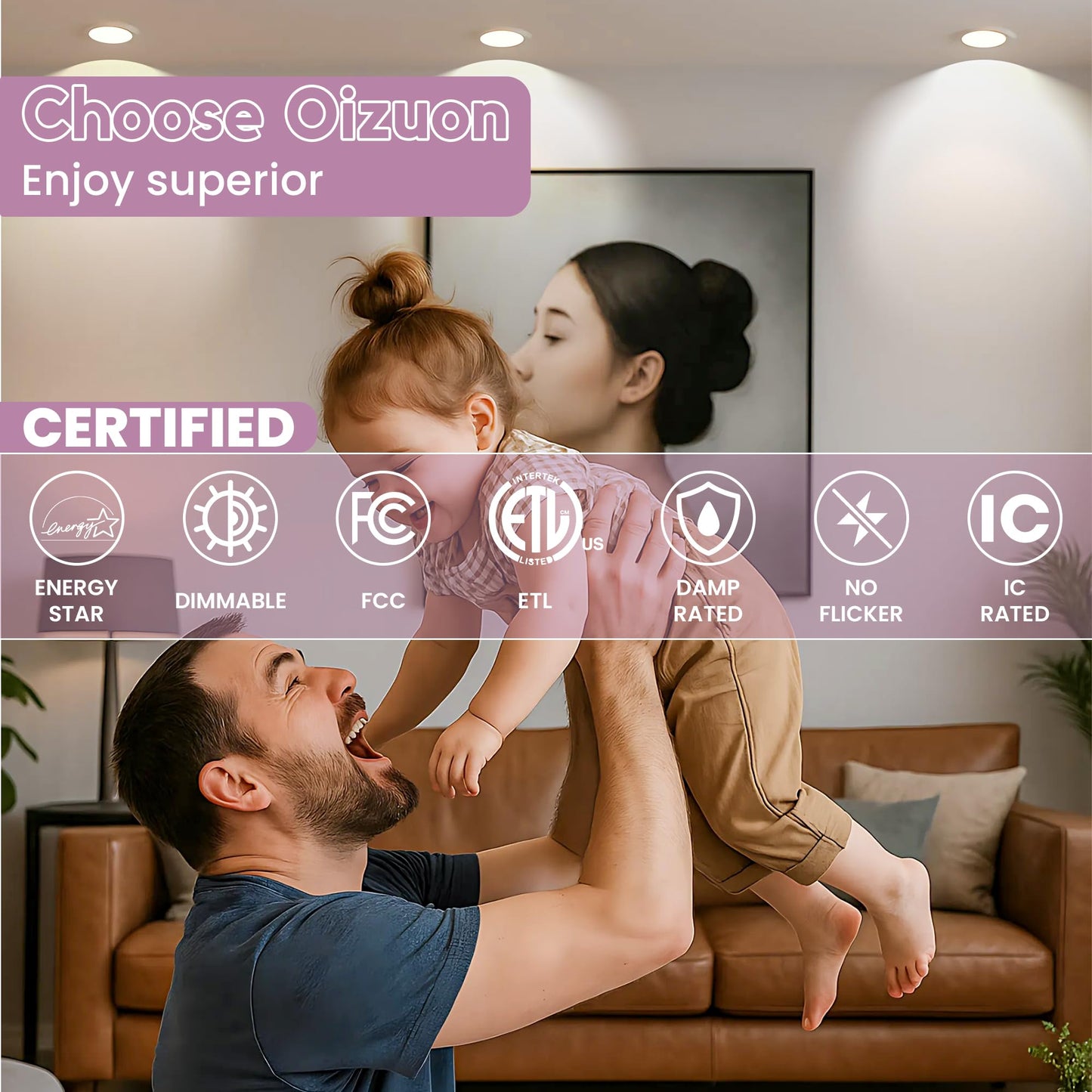 Oizuon LED Recessed Lighting 6 Inch – 96 LED 5CCT 2700K–6500K Canless Wafer Downlight 16M Colors, Music Sync, Smart App & Voice Control, 1100 Lumens Dimmable RGBCW, Timer for Home & Kitchen – 6 Pack