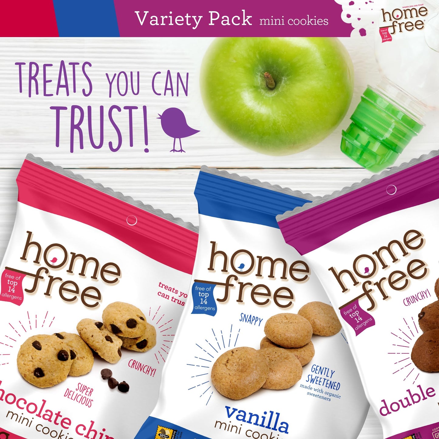 Homefree Treats You Can Trust Gluten Free Mini Cookies, Single Serve, Variety Pack (Pack of 30)