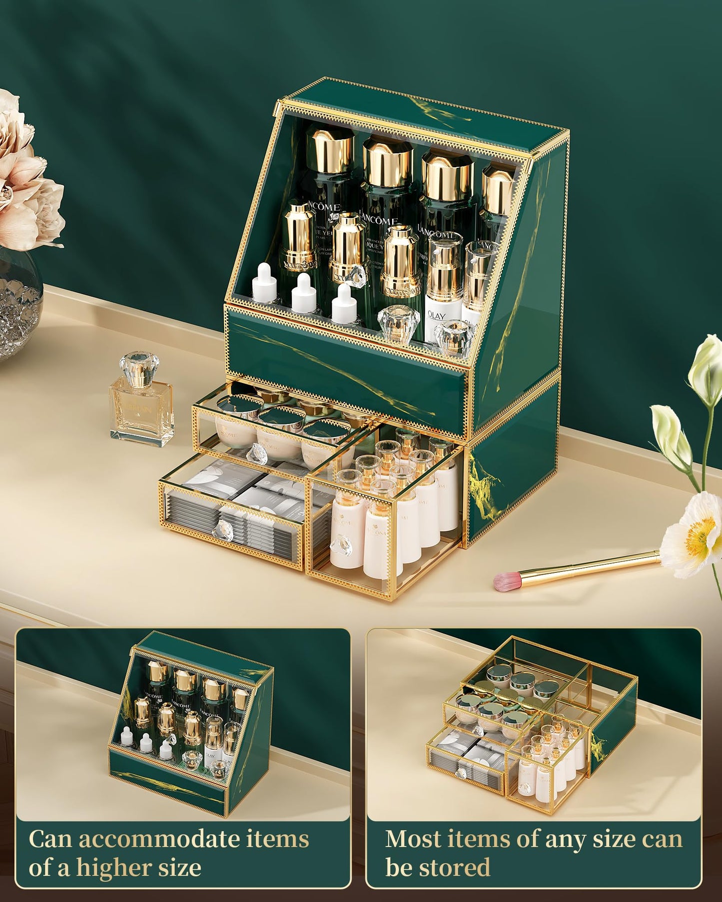 CoralHouse Makeup Organizer Countertop,Green Makeup Organizer with Drawer, Skincare Holder for Bathroom Countertop,Cosmetic Display Case for Dresser.