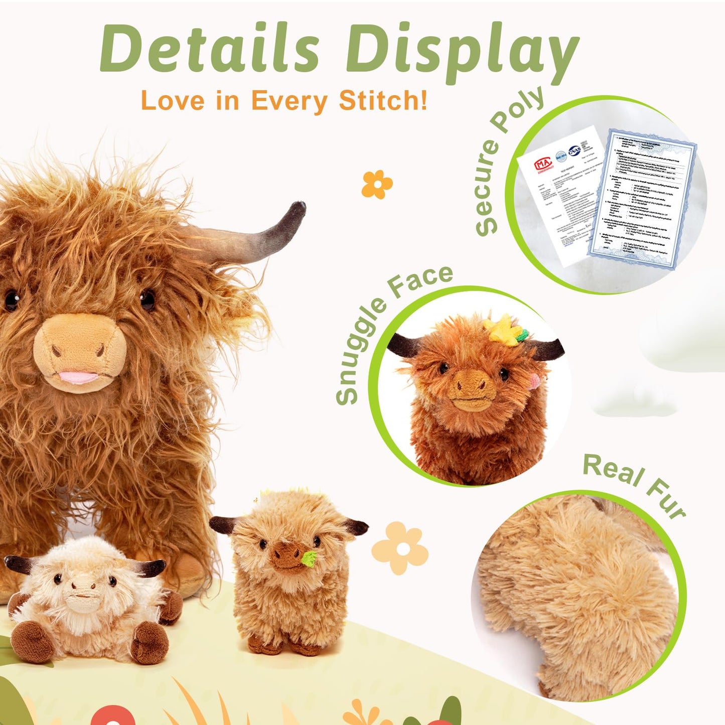OUOZZZ Highland Cow Stuffed Animal – Large Realistic Fluffy Cow Plush Toy with 4 Baby Calves – Special Furry Material – Travel-Friendly & Portable Gift for Baby Girls, Boys, Toddlers & Kids 14.5"