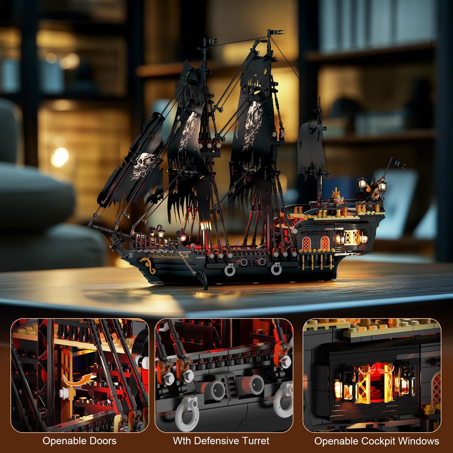 NUTCRACKER Pirate Ship Building Set with LED Light, Black Pearl Ship Toy Building Set, Sailboat Model Home Decor, Easter Christmas Birthday Gift for Adults Boys Girls 14+（1713 Pieces）