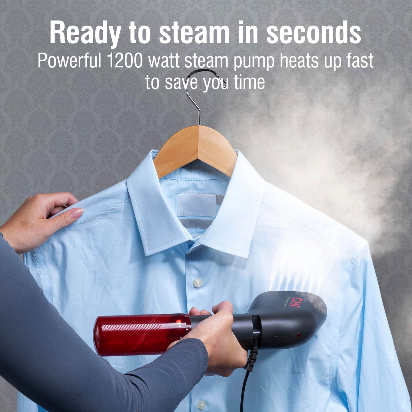 CHI Collapsible Travel 2-in-1 Handheld Garment Steamer & Steam Iron for Clothes, Large 120 ml Water Tank For up to 6 Minutes of Use, Collapses for Compact Storage, Fast Heatup, 10’ Cord, Black (11611)