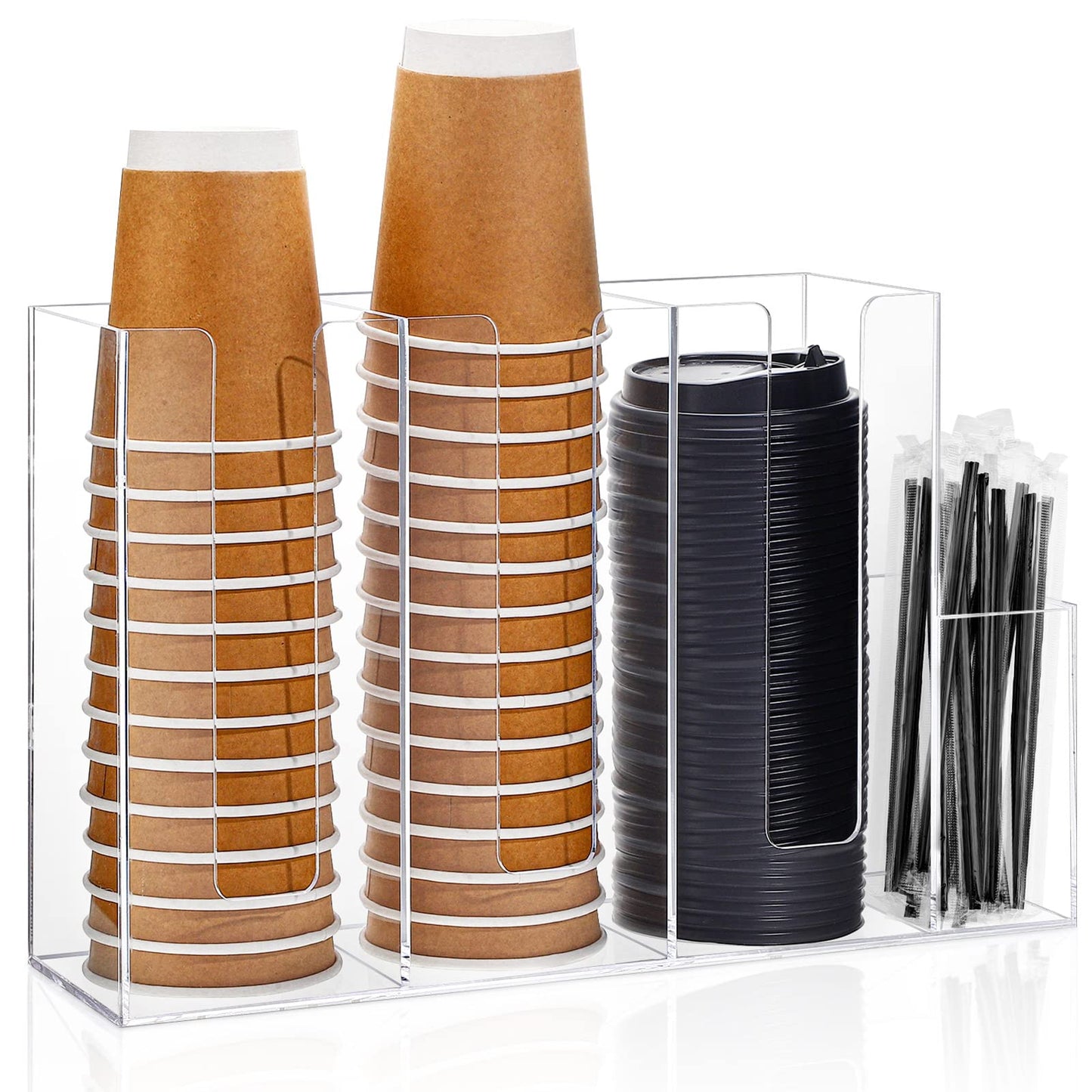 4 Compartments Acrylic Coffee Cup and Lid Storage Organizer Holder Disposable Paper Cup Dispenser Organizer Plastic Lid Holder Accessories for Kitchen Bar Shop Party Supplies(Transparent)