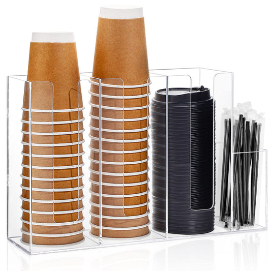 4 Compartments Acrylic Coffee Cup and Lid Storage Organizer Holder Disposable Paper Cup Dispenser Organizer Plastic Lid Holder Accessories for Kitchen Bar Shop Party Supplies(Transparent)