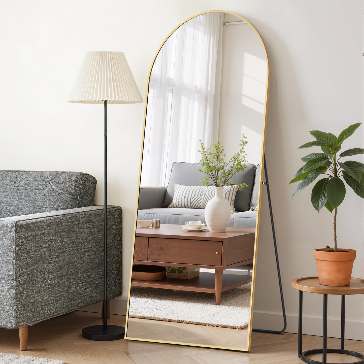 Mirror Full Length 64"x21" Full Body Floor Mirror with Stand, Shatterproof Glass, Aluminum Alloy Frame, Free Standing Wall Mounted or Leaning Arched Mirrors for Bedroom Living Room Entryway