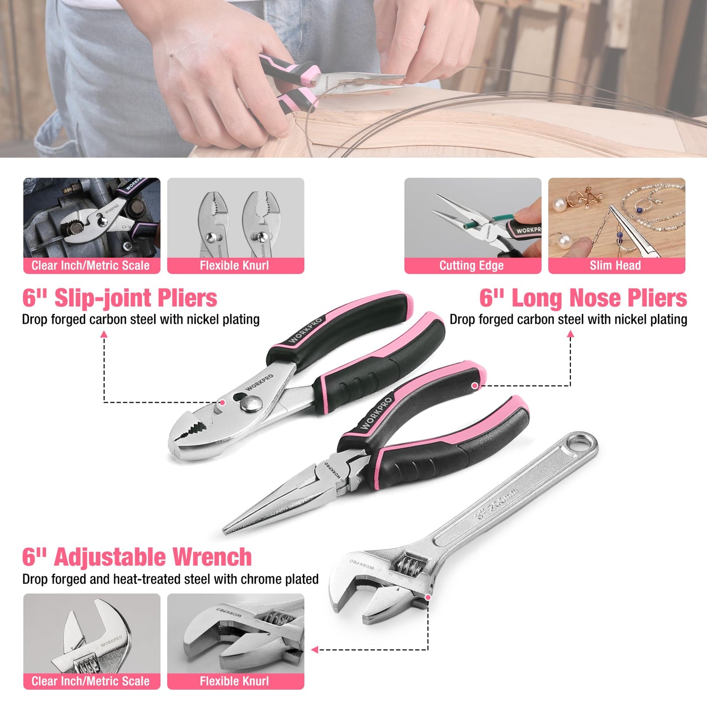 WORKPRO Pink Tool Set, 258 PCS Tool Kit for Women, Basic Household Tool Box with Hammer, Screwdriver Set, Portable Toolkit for Home Repair, New Apartment, House-Warming, DIY - Pink Ribbon