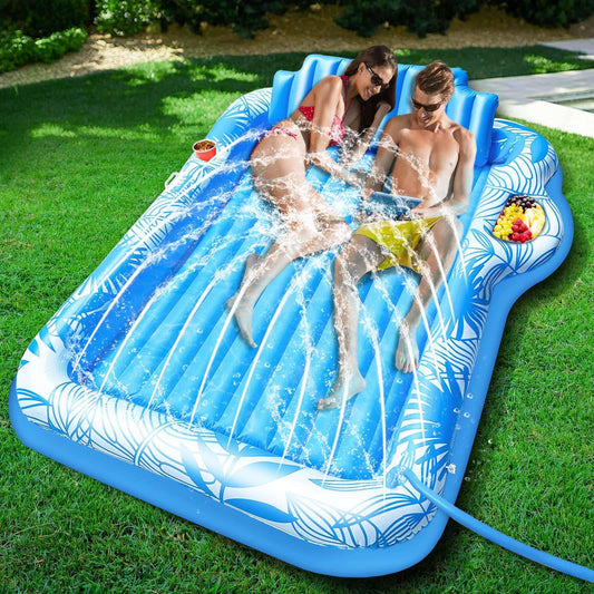 83" X 63" Extra Large Inflatable Tanning Pool Float Lounger with Sprinkler, Pool Float Adults with Pillow & Drink Holder, Blow up Water Tanning Bed Pool Raft Floatie for Adults Backyard, Pink/Blue
