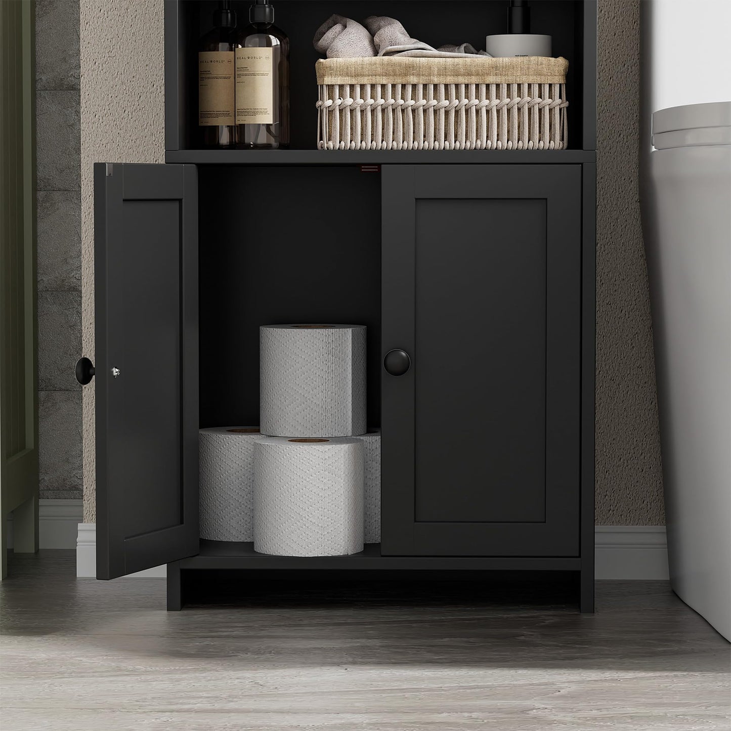 Homhedy Small Bathroom Storage Cabinet, Freestanding Toilet Paper Storage with 2 Doors and Shelves, Bathroom Organizers and Storage for Small Spaces, Laundry Room, 7.9" D x 14.6" W x 31" H, Black