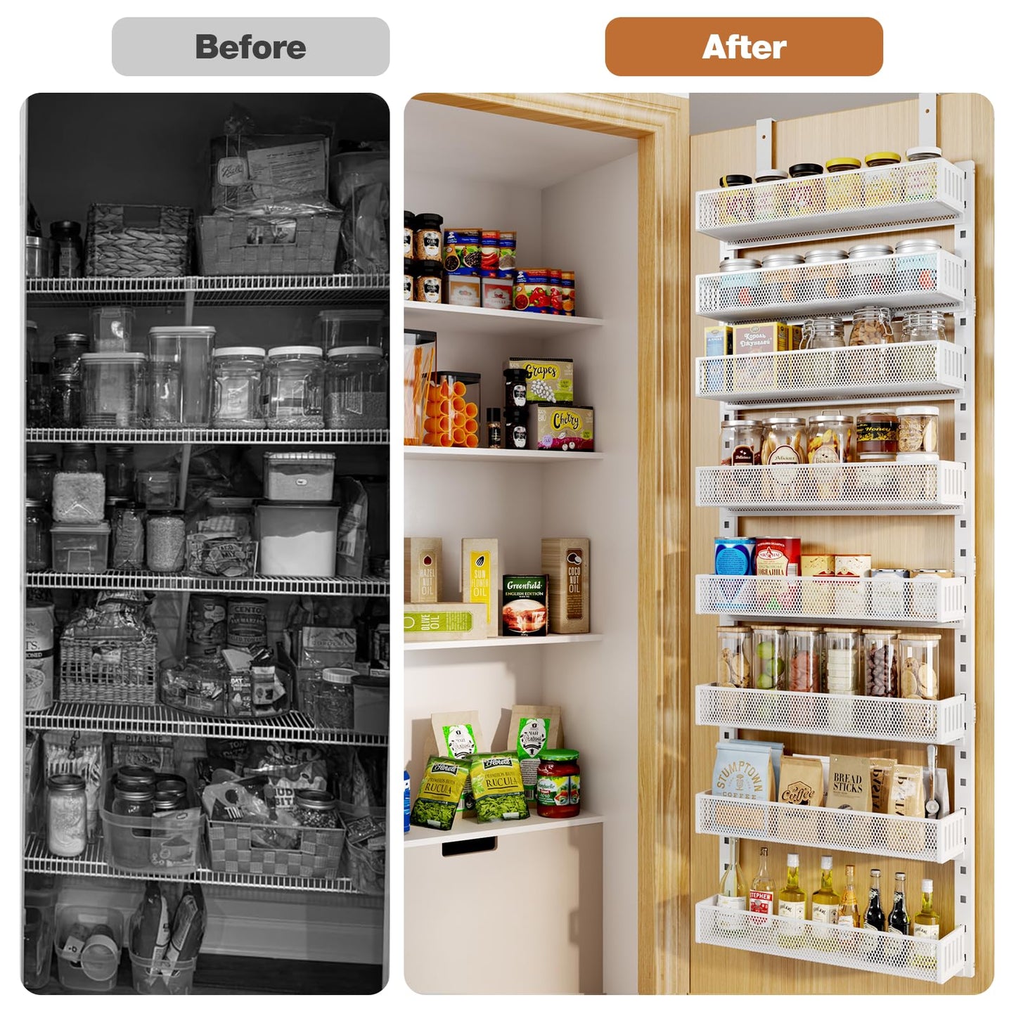 Pantry Door Organizers and Storage, 8-Tier Large Metal Heavy-Duty Frame Over the Door Spice Rack, 2 in 1 Wall-Mounted or Hanging shelf for Kitchen, Bathroom, Laundry Room, Bedroom, Closet &Nursery