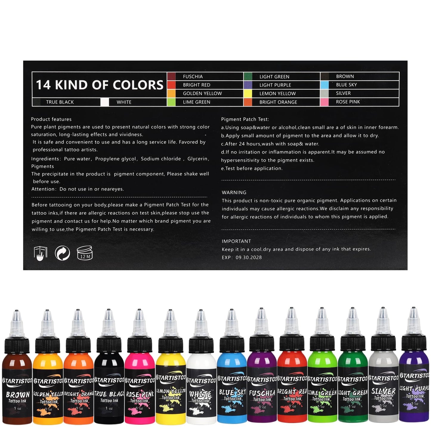 GTARTISTOO Ink Professional 14 Colors 1oz (14 Colors 30ml) Vegan-Friendly Pigment Ink Supplies Ink