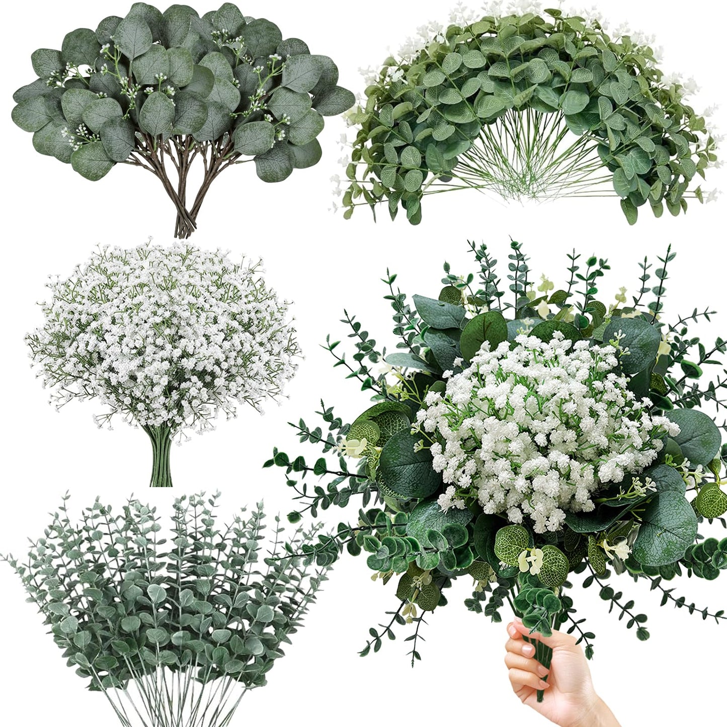 HUAHUA Mixed Artificial Eucalyptus Leaves Stems Bulk,Fake Greenery Plants Faux Silver Dollar Eucalyptus Leaves for DIY Bouquets Centerpiece Floral Arrangement Home Wedding Decor (120, Green/White)