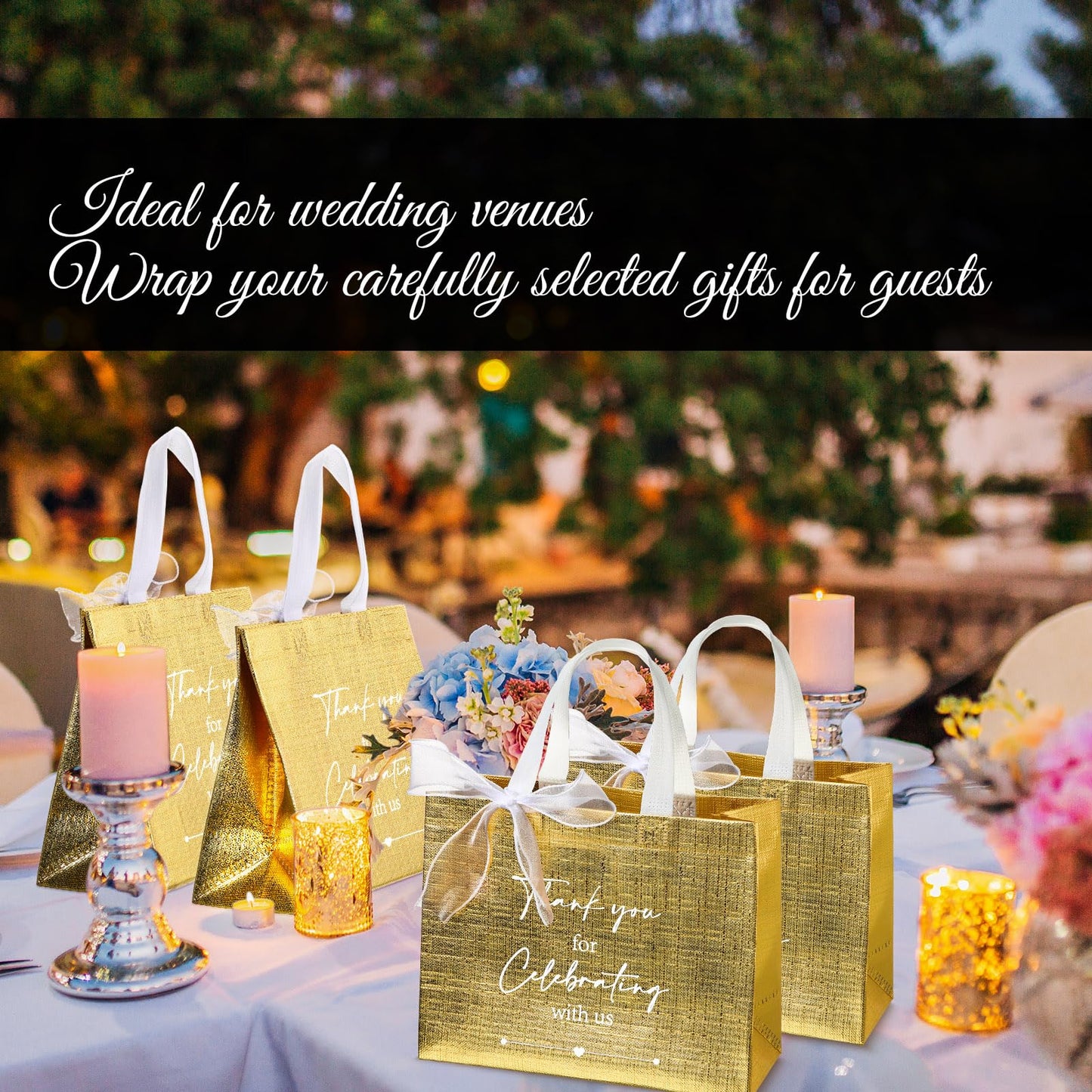 CHENGU 100 Pcs Thank You for Celebrating with Us Wedding Gift Bags for Hotel Guests Bulk Welcome Bags Reusable Non Woven Tote with Handle for Bridal Shower Party Favor(Gold)