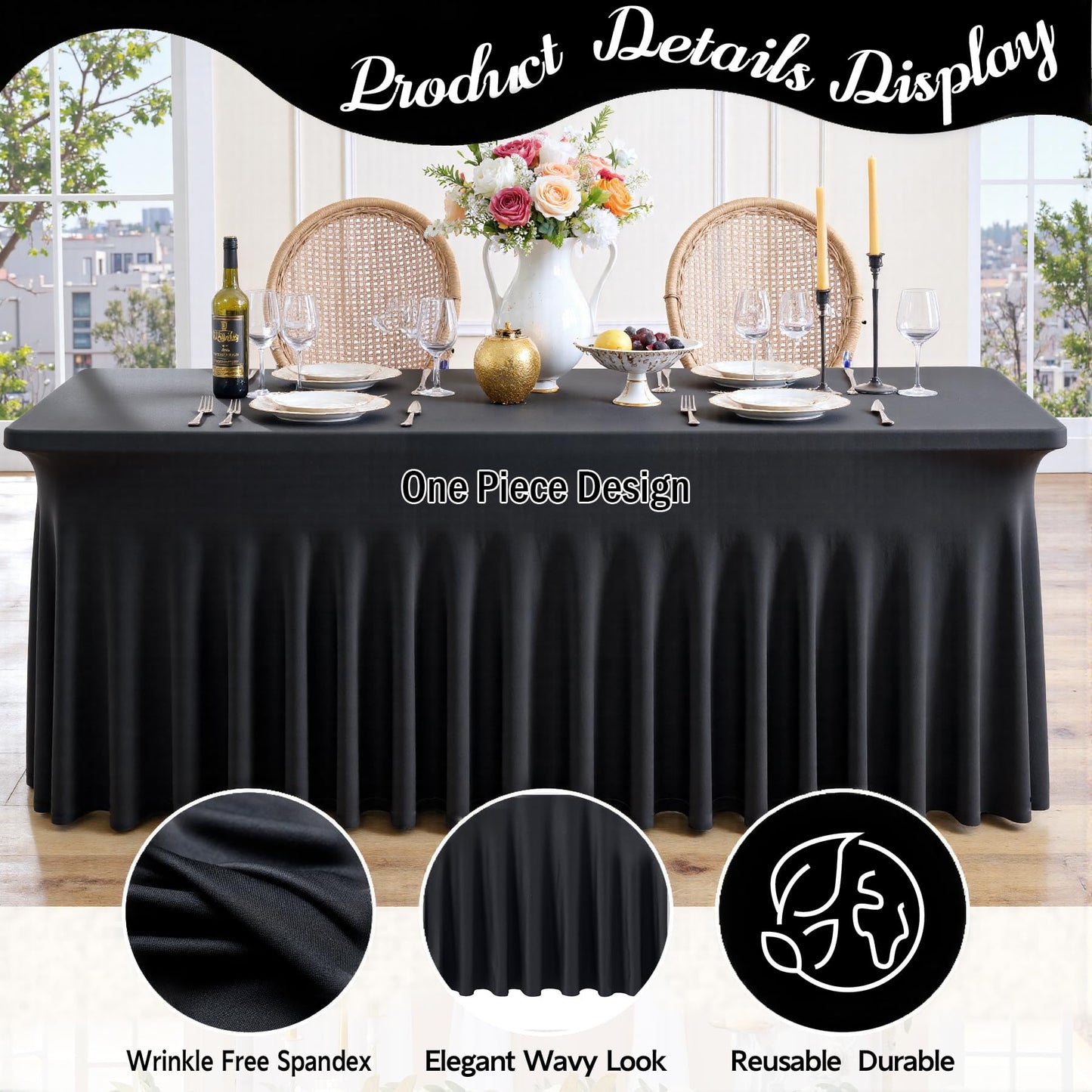 leegleri 4 Pack Black Spandex Table Cloths for 6 Foot Rectangle Tables, Wrinkle Free Stretch Fitted Tablecloths 6ft, Black Banquet Tablecloth with Skirt for Parties Weddings Birthday