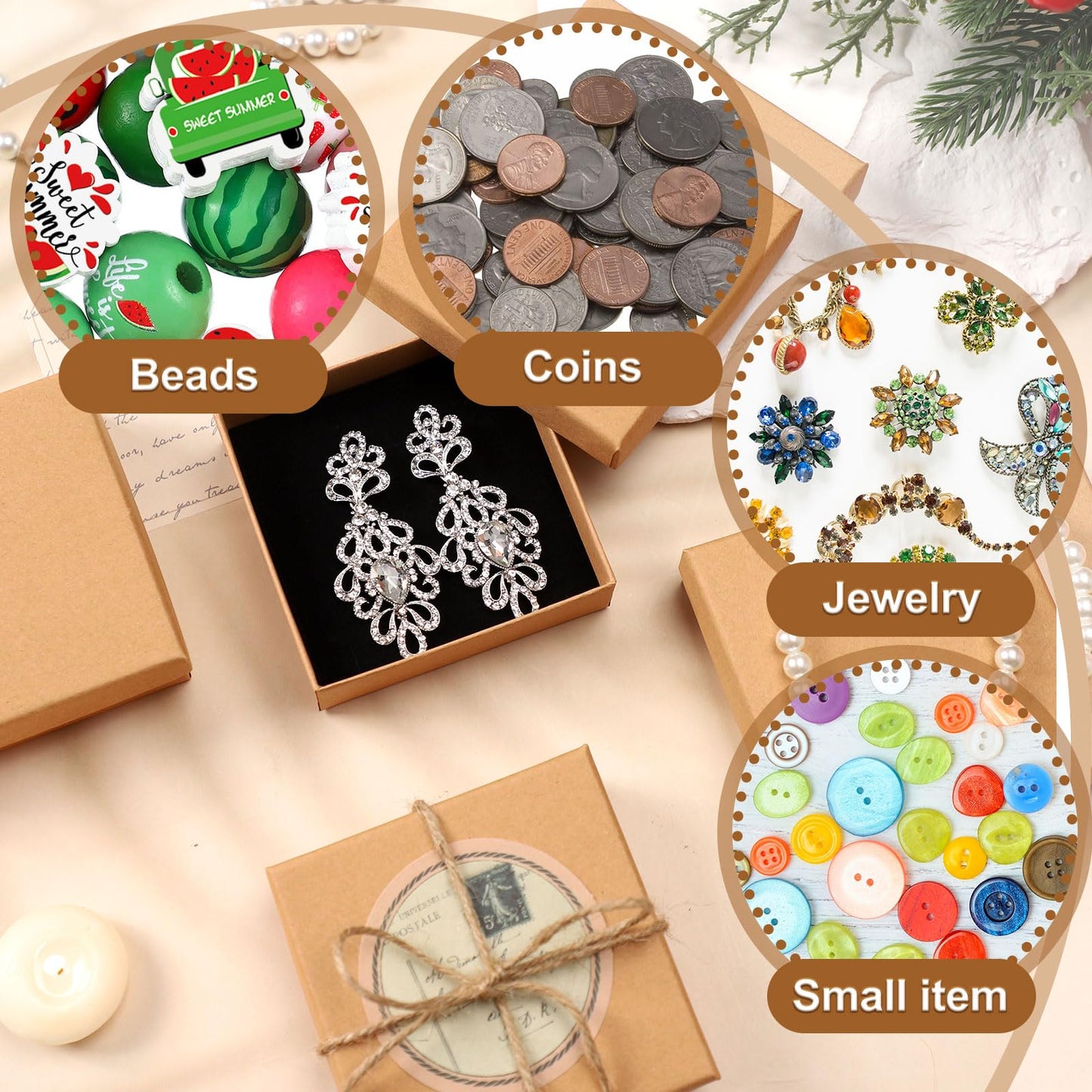 Tenceur 100 Pcs Jewelry Gift Boxes Bulk Kraft Jewelry Cardboard Box for Necklace Earring Bracelet Storage Package(Brown,3.5x3.5x1.2in)