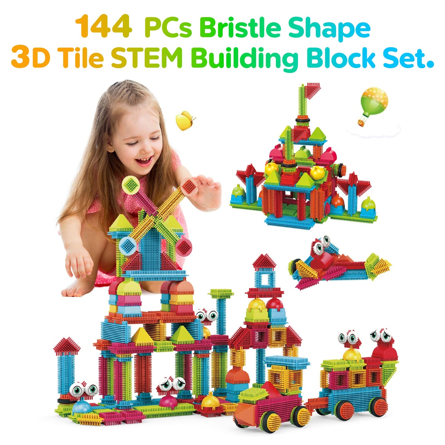 contixo Stem Building Toys, ST7 244 Pieces Bristle Shape 3D Tile Set Building Learning Educational Block Stacking Creative Imagination Toy for Kids