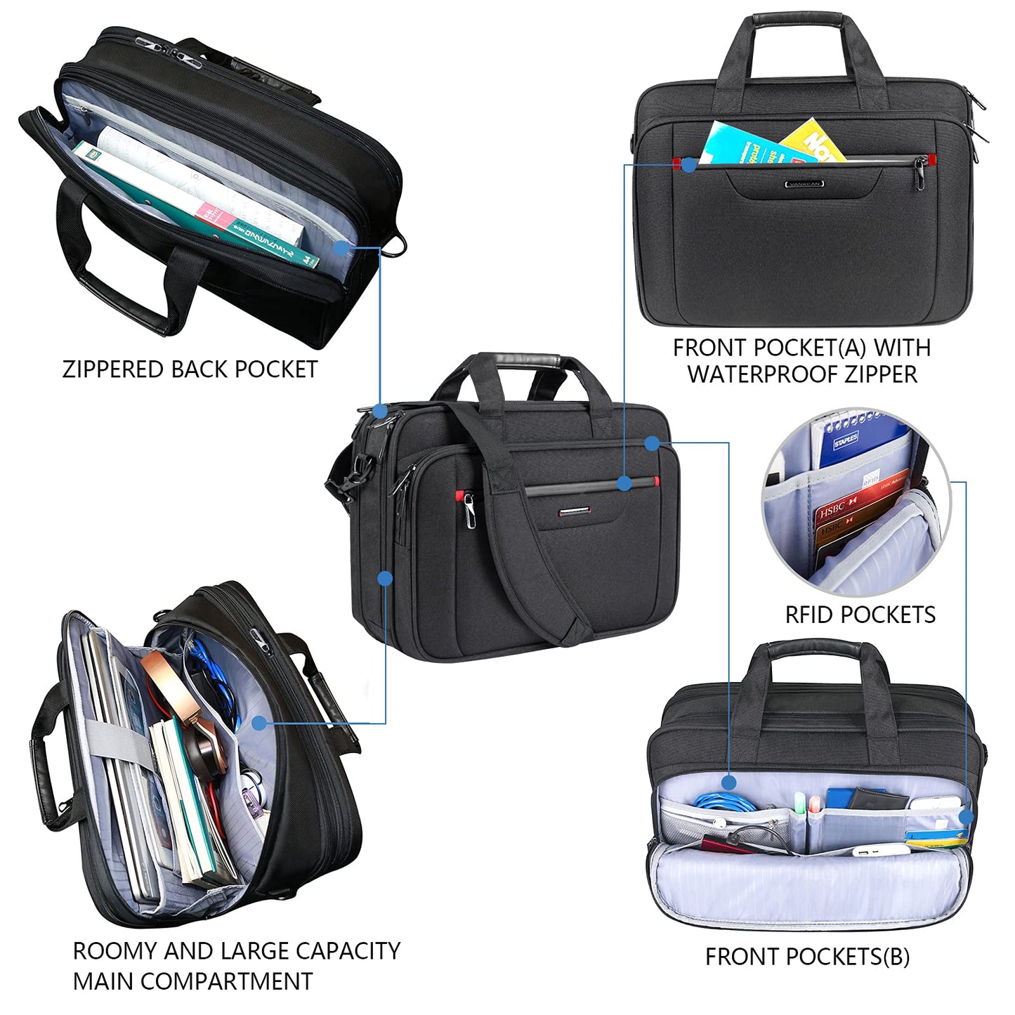 VANKEAN Laptop Briefcase Premium Laptop Case Fits Up to 17.3 Inch Business Shoulder Bag Laptop Expandable Water-Repellent Messenger Bag for Men/Women Computer Bag for Travel/Business/Black