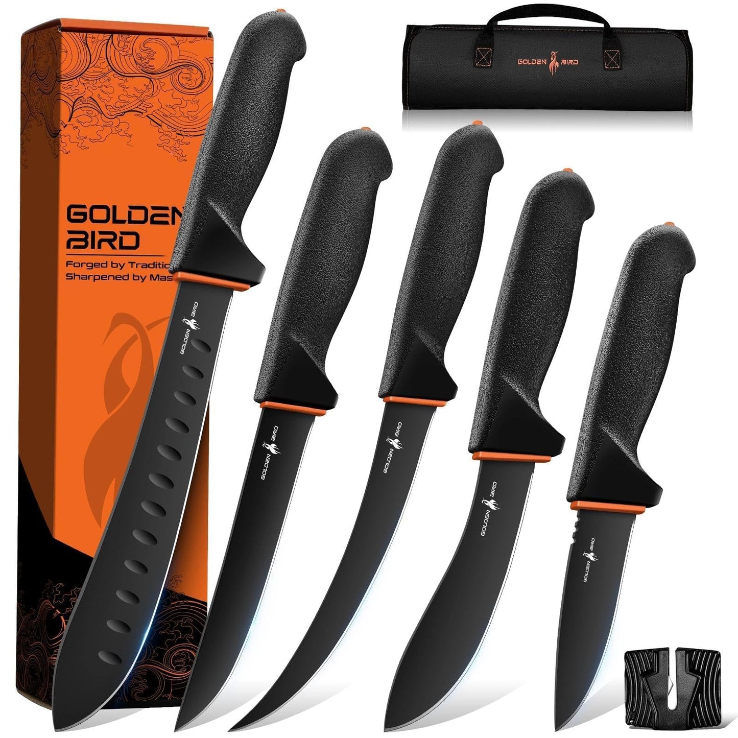 Golden Bird Butcher Knife Set - Non-slip Skinning Knife Set with Roll Bag, Professional Game Processing Knives Sets - Butcher & Skinning Boning Knives with German Stainless Steel, Gift for Men