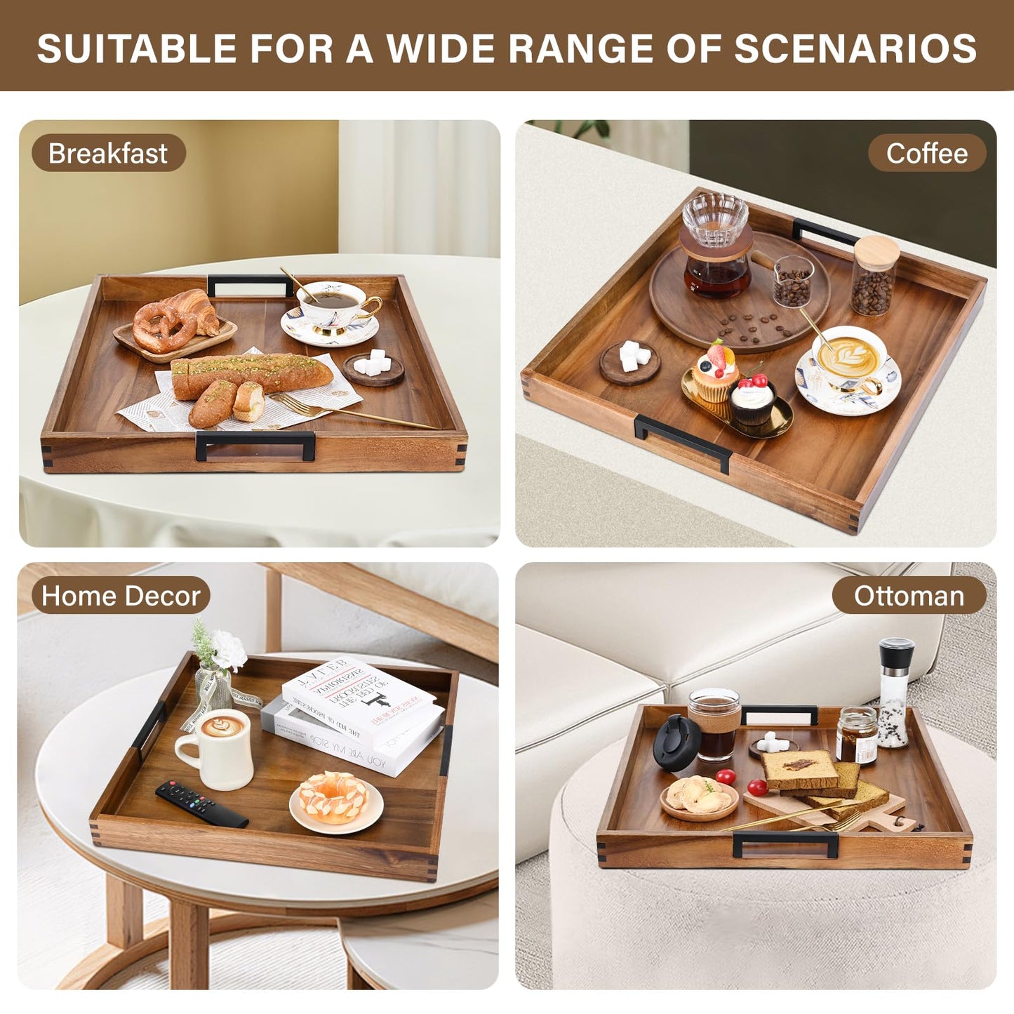 Large Ottoman Tray for Living Room and Coffee Table, Decorative Acacia Wood Serving Tray with Handles for Breakfast in Bed, Dinner Food Kitchen TV (Natural, 22" x 22" x 2")