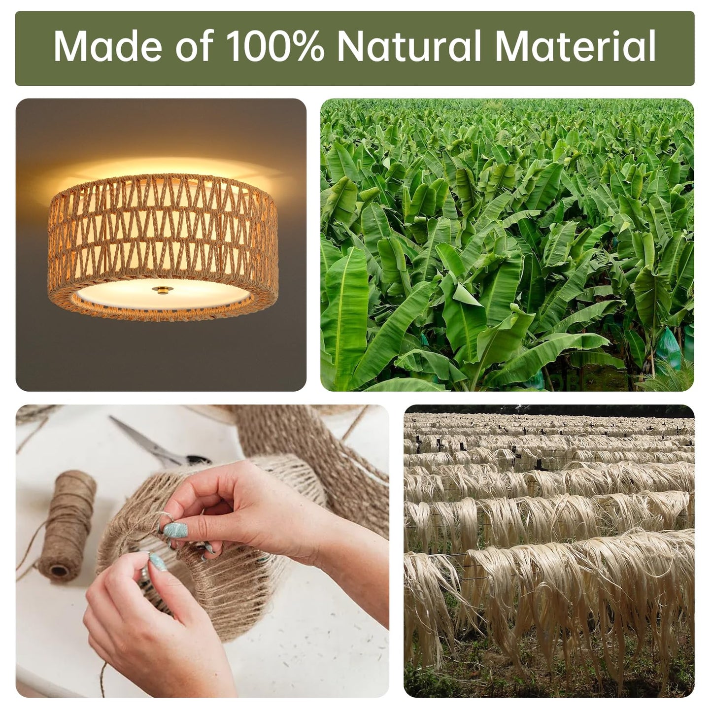 InterMaka Boho Ceiling Light Fixtures 12.6" Flush Mount Ceiling Light, Hand-Woven Rattan Light Fixture for Bedroom Close to Ceiling Light Modern Ceiling Light for Foyer Hallway Entryway Kids Room